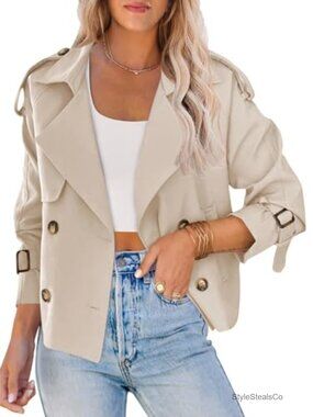Womens Cropped Trench Coat Double Breasted Short Windproof Jacket